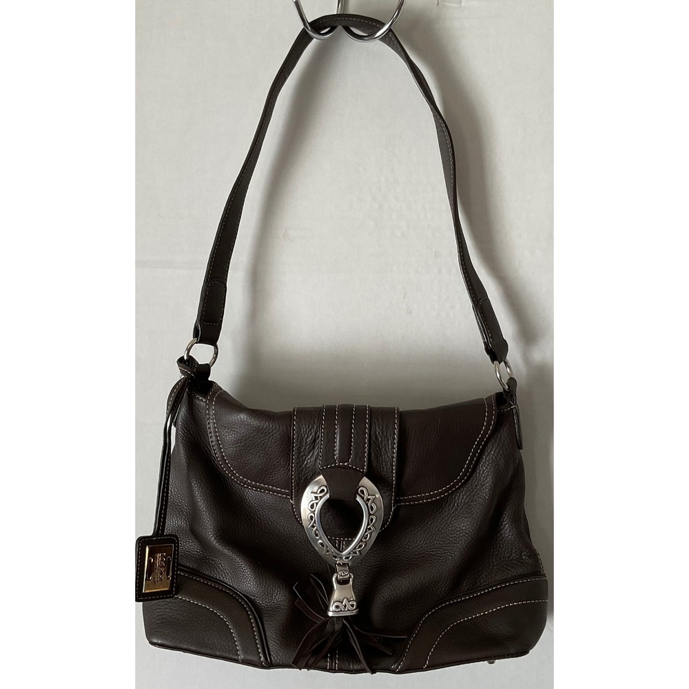 Maxx New York Signature Brown Leather Shoulder Bag Tassel Leopard Print Lining